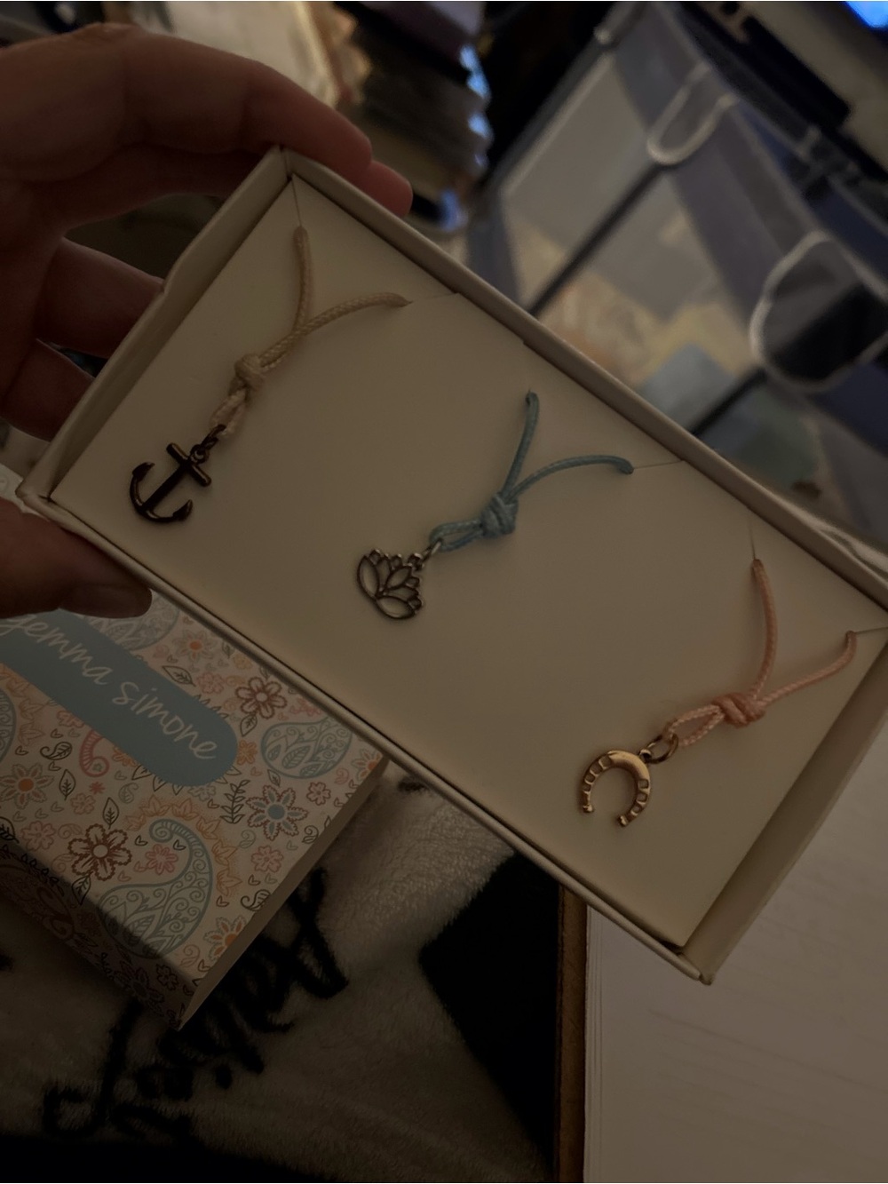 Charm necklace Set with Anchor, Lotus & Horseshoe Charms - Pastel Cords